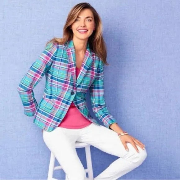 Talbots 6 Linen Blend Blazer Jacket Plaid Classic Feminine Preppy Old Money - Picture 2 of 12
